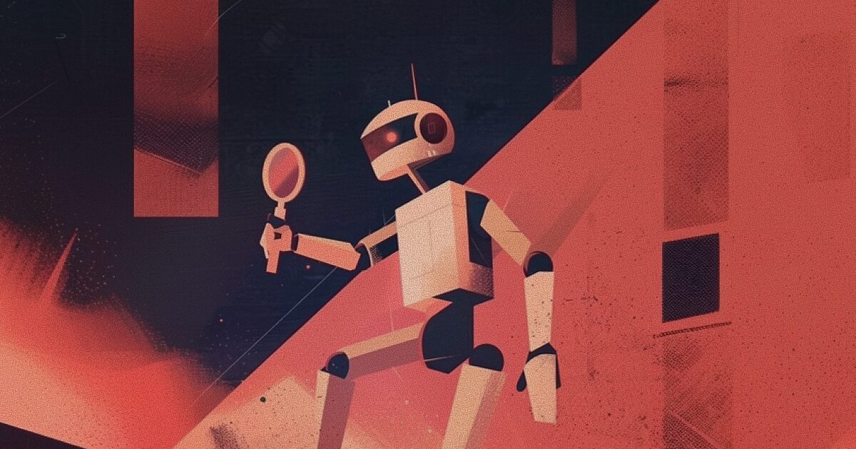 Graphic of a robot with a magnifying glass as a metaphor for the discovery phase in software development.