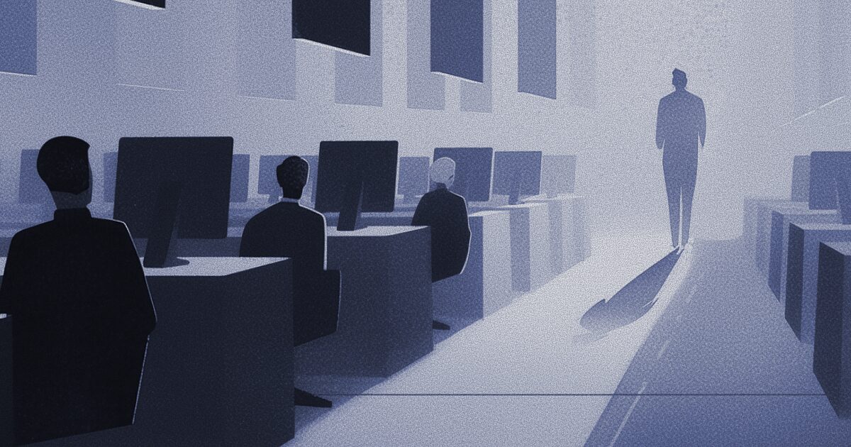 Illustration of managing IT talent in a modern office, showing a leader figure walking through a team of engineers at computer workstations.