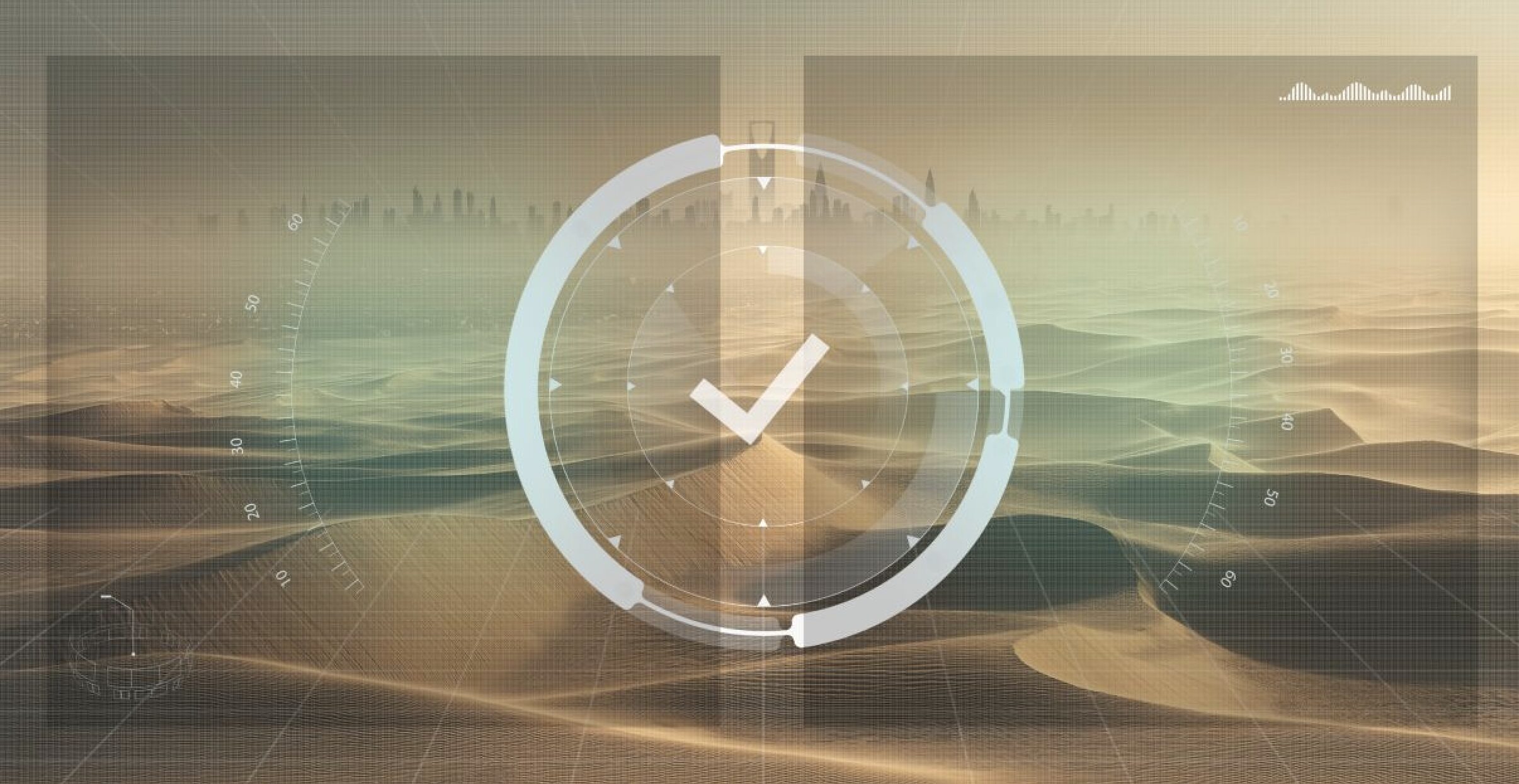 AI compliance Saudi Arabia concept with a digital checkmark over a desert landscape, symbolizing secure enterprise generative AI deployment.