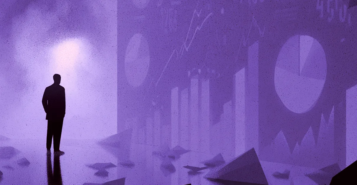 Abstract purple illustration of a person standing in a data-driven environment with charts, graphs, and analytics visuals in the background.